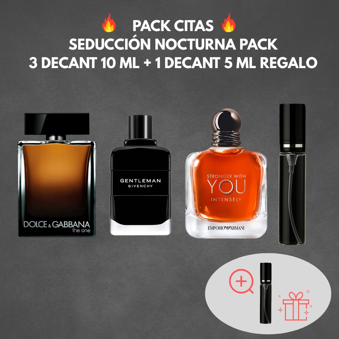 Seducción Nocturna Pack – D&G The One EDP 10ml + Stronger With You Intensely 10ml + Gentleman EDP 10ml + 1 decant de regalo 5ml