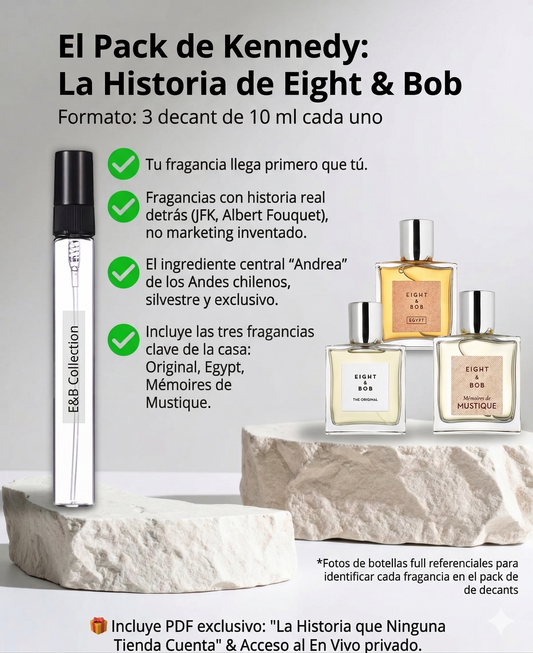 El Pack de Kennedy — Eight & Bob The Original · Egypt · Mémoires de Mustique · La casa de nicho que JFK pidió por carta en 1937. 10ml c/u. $79.000.