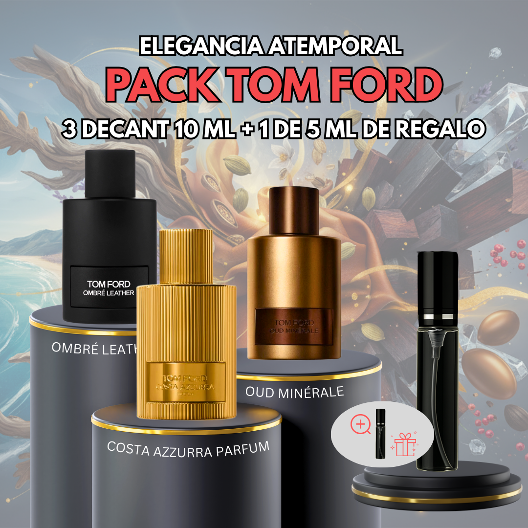 Elegancia Atemporal Pack – Tom Ford Costa Azzurra Parfum 10ml + Ombre Leather EDP 10ml + Oud Minerale 10ml + 1 decant de regalo 5ml