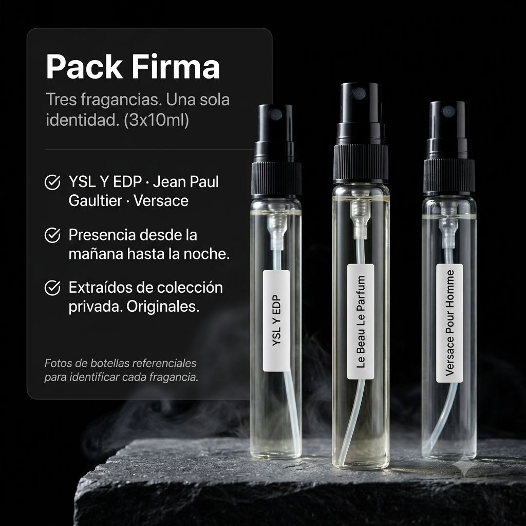 Pack Firma — YSL · Jean Paul Gaultier · Versace Tres fragancias. Una sola identidad.