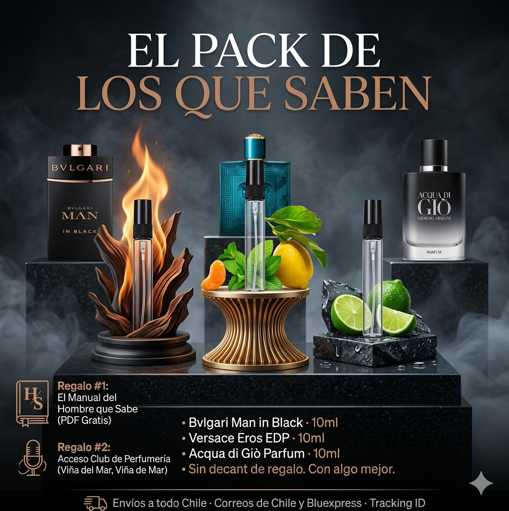 El Pack de los que Saben — Bvlgari Man in Black · Versace Eros EDP · Acqua di Giò Parfum · 10ml c/u · Sin decant de regalo. Con algo mejor.